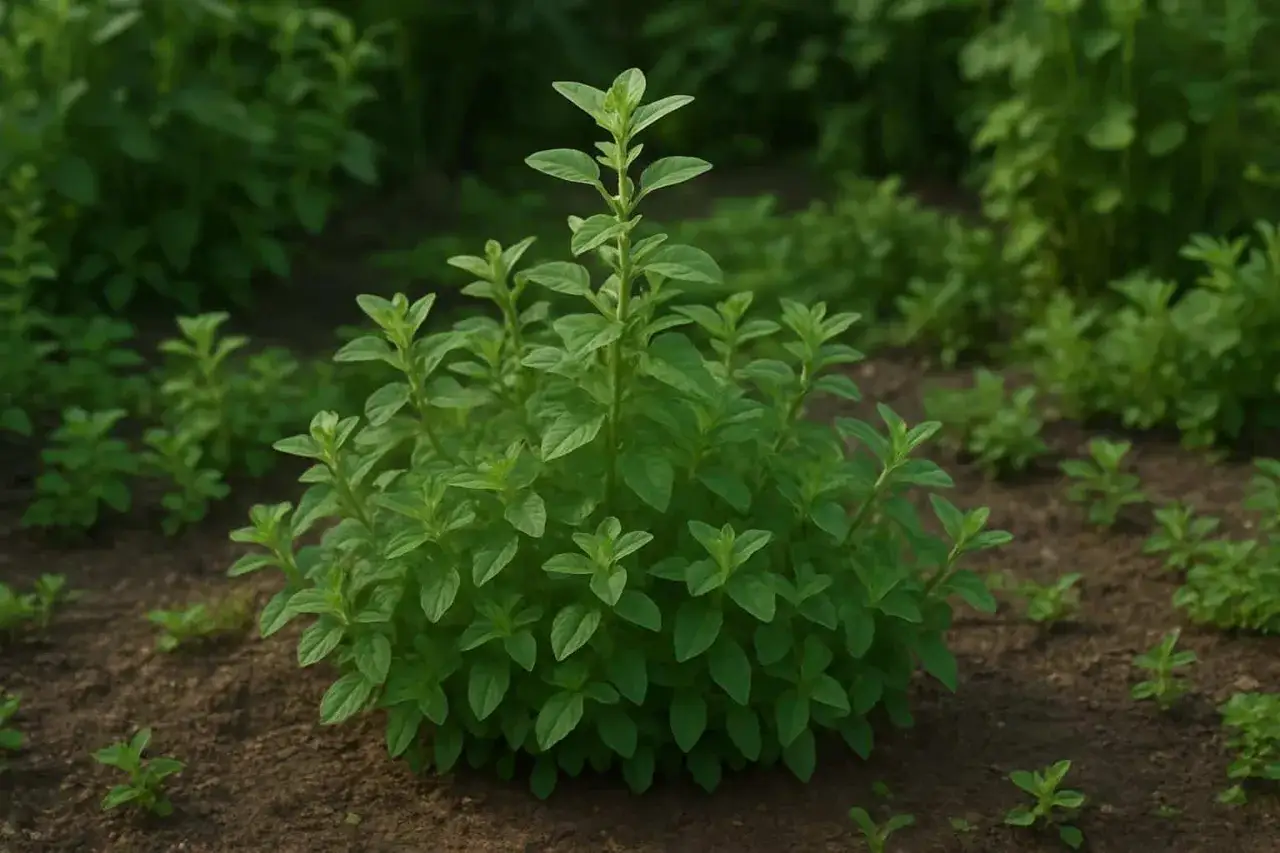 Un plant d'origan prosp&egrave;re dans un champ, t&eacute;moignant d'une culture r&eacute;ussie. Ses feuilles vertes vibrantes poussent dans un sol brun.