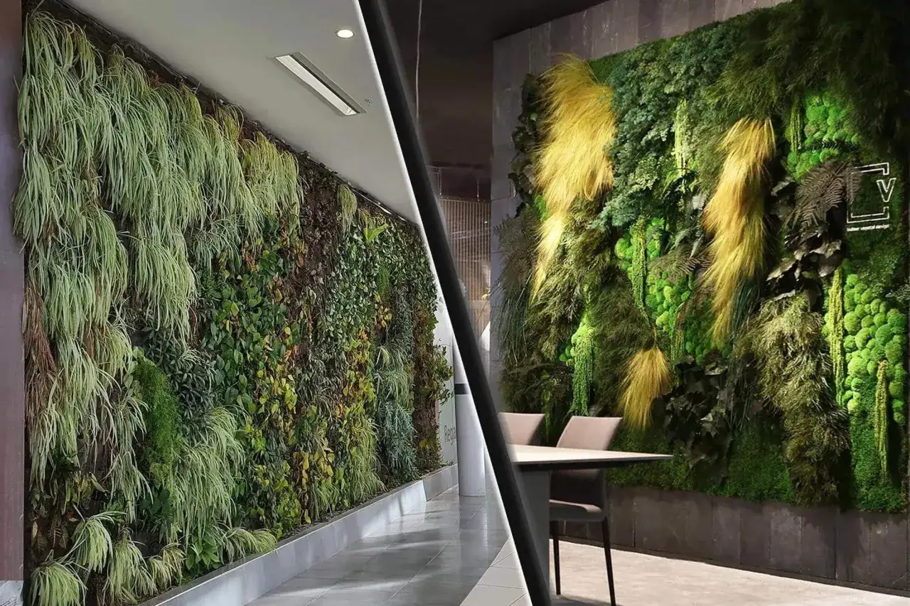 Inspiration pour comment faire un mur végétal : deux exemples de murs végétaux luxuriants, l'un dans un couloir moderne, l'autre dans un espace lounge avec une table.