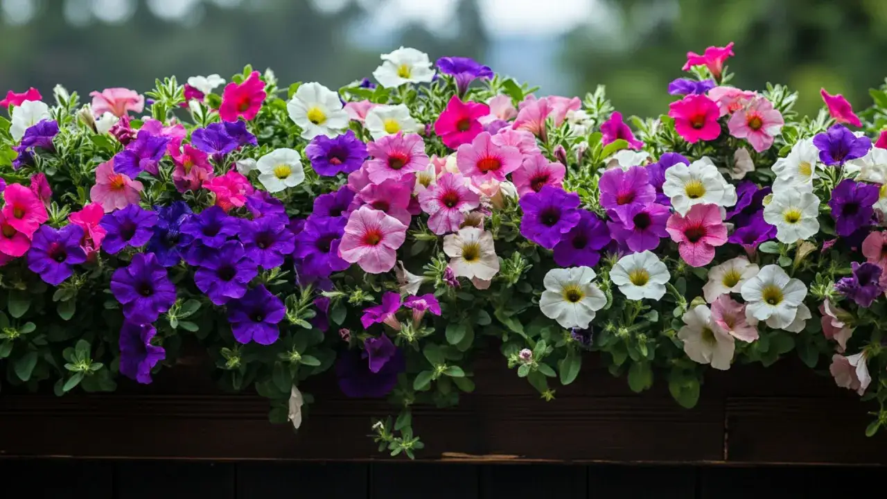 Un magnifique parterre de p&eacute;tunias multicolores, une v&eacute;ritable exposition florale, d&eacute;borde d'une jardini&egrave;re en bois.