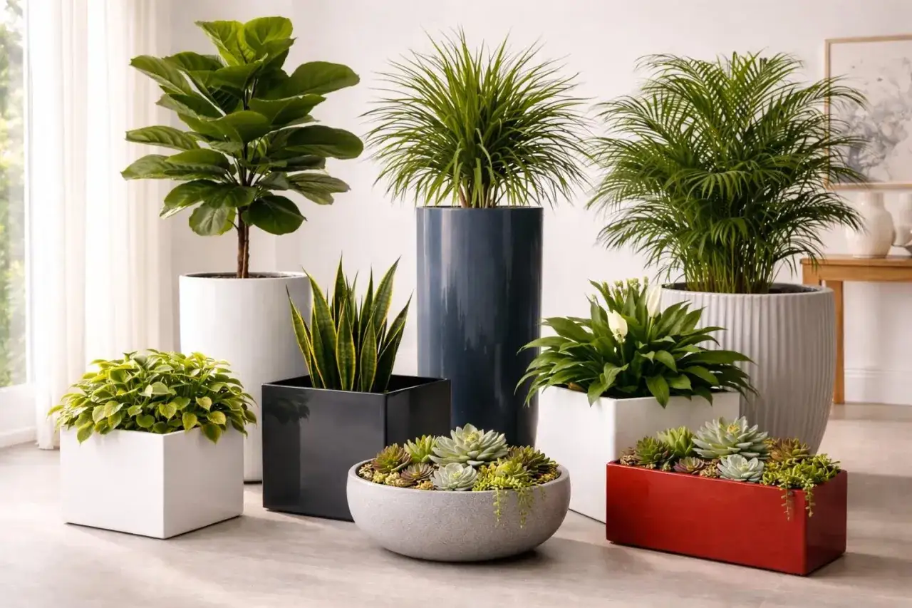 Collection de plantes d'int&eacute;rieur et d'ext&eacute;rieur dans des pots modernes. Un figuier lyre, des succulentes et d'autres verdure apportent vie &agrave; l'espace.