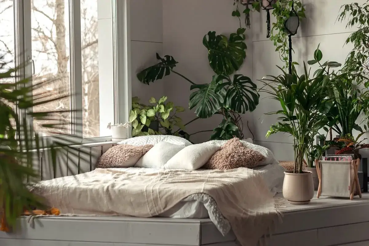 Un lit douillet entour&eacute; de nombreuses plantes pour chambre, cr&eacute;ant une ambiance tropicale et apaisante.