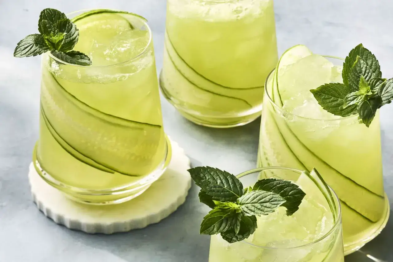 Rafra&icirc;chissants cocktails verts, d&eacute;cor&eacute;s de fines tranches de concombre et de menthe fra&icirc;che. Parfait pour savoir que faire avec de la menthe fra&icirc;che.