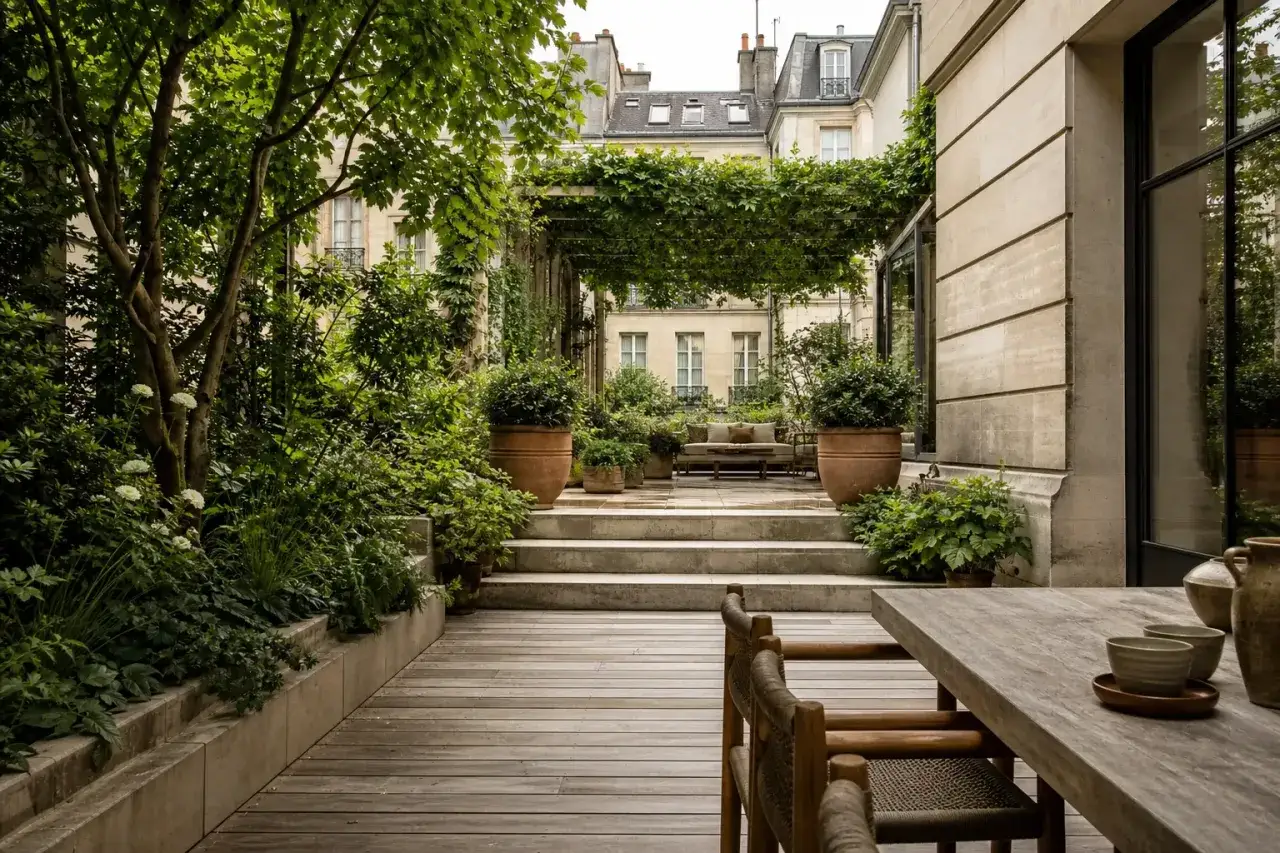 Magnifique aménagement terrasse Paris, avec pergola végétalisée, escaliers en pierre, mobilier de jardin et végétation luxuriante.