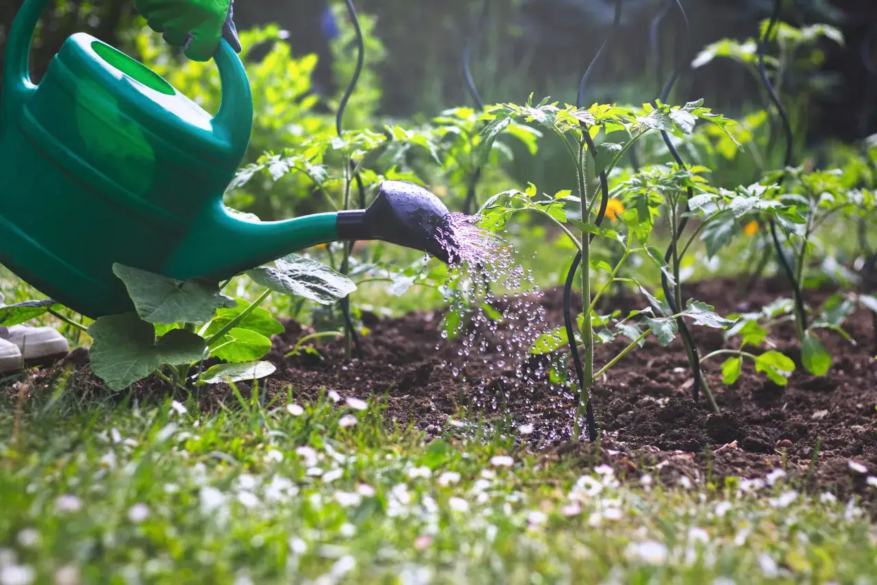 Arrosage de jeunes plants de tomates avec un arrosoir vert. L'eau tombe en fines gouttelettes sur la terre. Peut-on arroser avec de l'eau verte ?