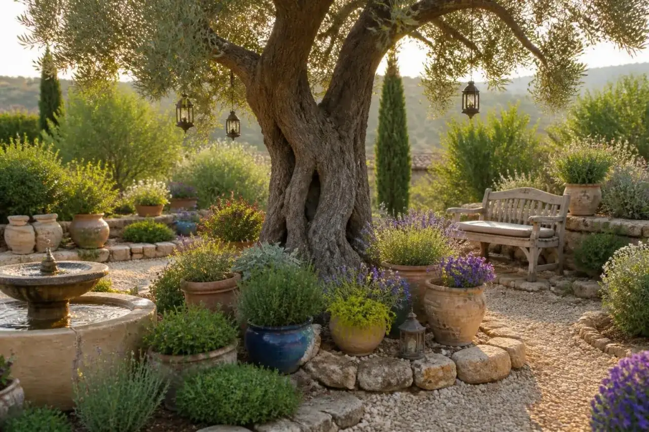 Jardin enchanteur avec une fontaine, un banc en bois et une décoration au pied d'un olivier : pots de fleurs, lanternes et végétation luxuriante.
