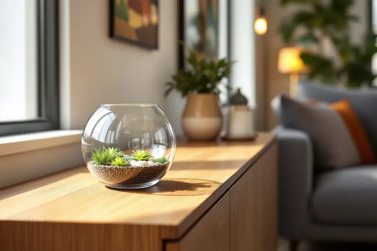 Un petit monde verdoyant dans un terrarium ferm&eacute;, pos&eacute; sur un meuble en bois. Des succulentes et des cailloux cr&eacute;ent un paysage miniature.