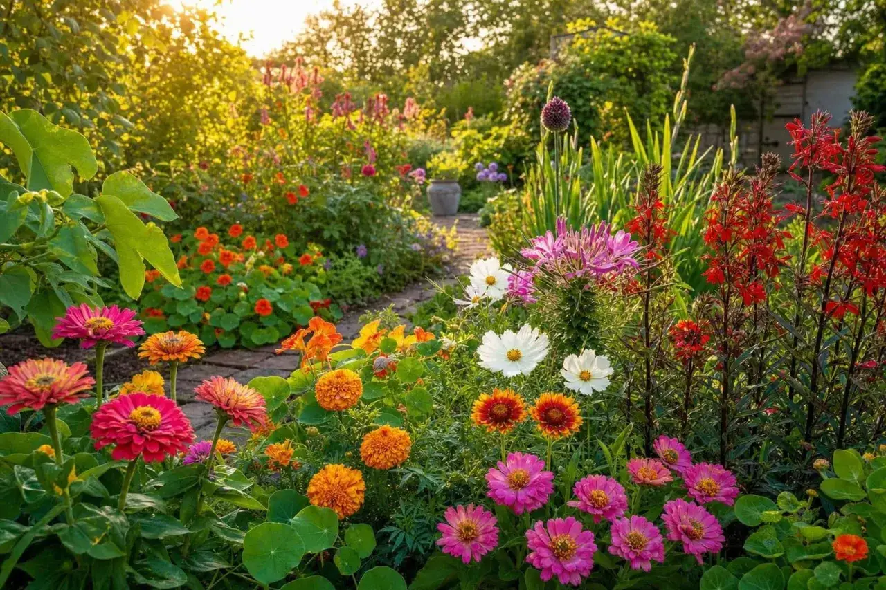 Un jardin baigné de soleil, où s'épanouissent des zinnias roses et orangés, des capucines éclatantes et des cosmos blancs. Une véritable explosion de couleurs, typique d'une belle fleur de juillet.
