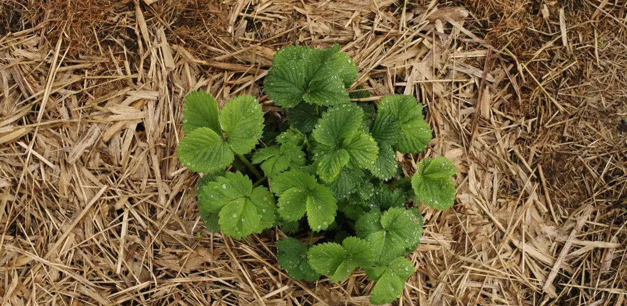 Jeune plant de fraisier, ses feuilles vertes et humides se d&eacute;ploient sur un lit de paillis sec. Une belle exposition fraisier en devenir.