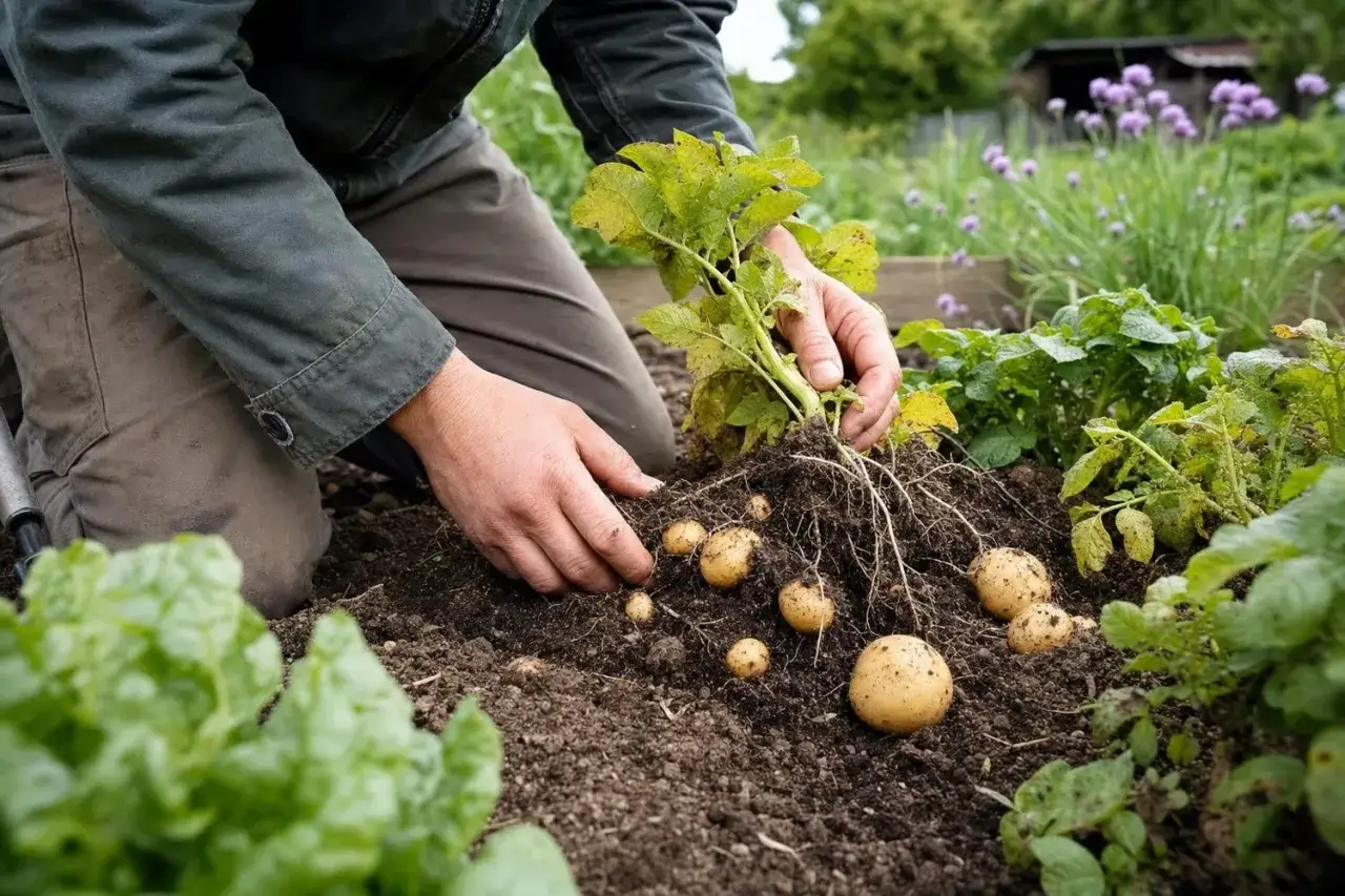 Les mains d'un jardinier sortent des pommes de terre de la terre. C'est le moment id&eacute;al quand ramasser les pommes de terre.