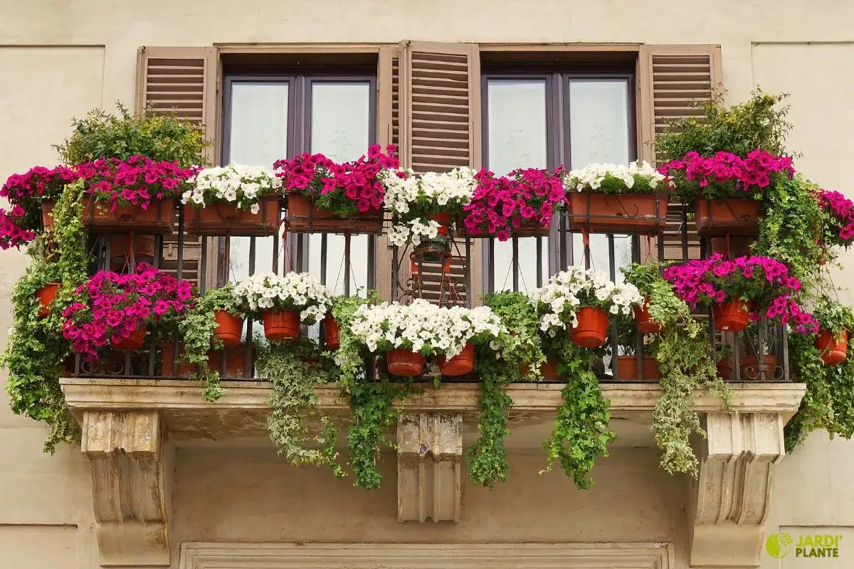 Balcon fleuri de pétunias roses et blancs, avec des guirlandes de lierre retombant. Une belle fleur d'automne qui égaye la façade.