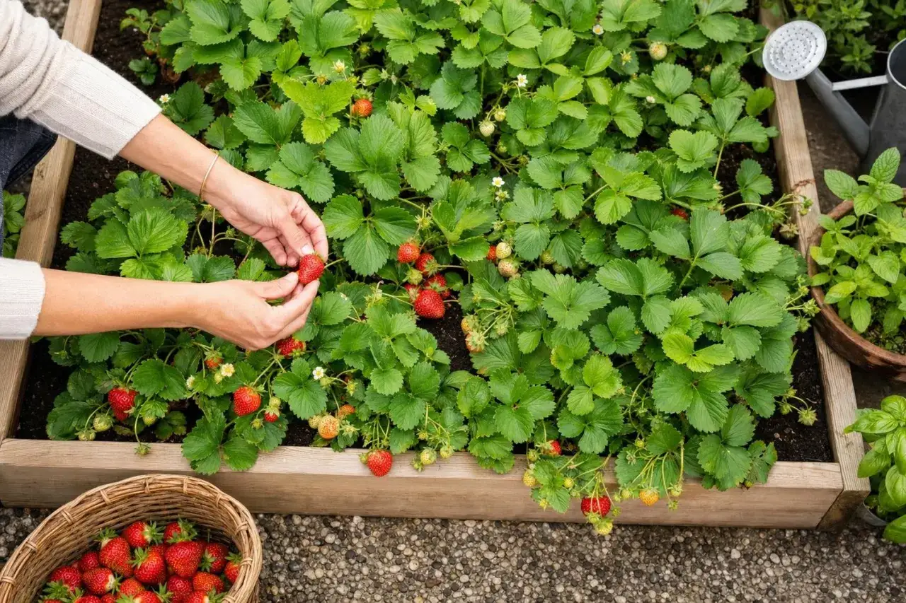 Mains cueillant des fraises m&ucirc;res dans un potager sur&eacute;lev&eacute;. C'est le moment id&eacute;al pour savoir quand planter fraisier remontant pour une r&eacute;colte abondante.