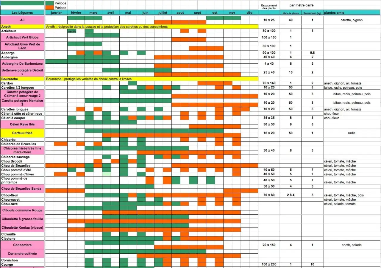 Calendrier potager : Semis et récoltes des légumes, avec indications de densité et d'associations bénéfiques.
