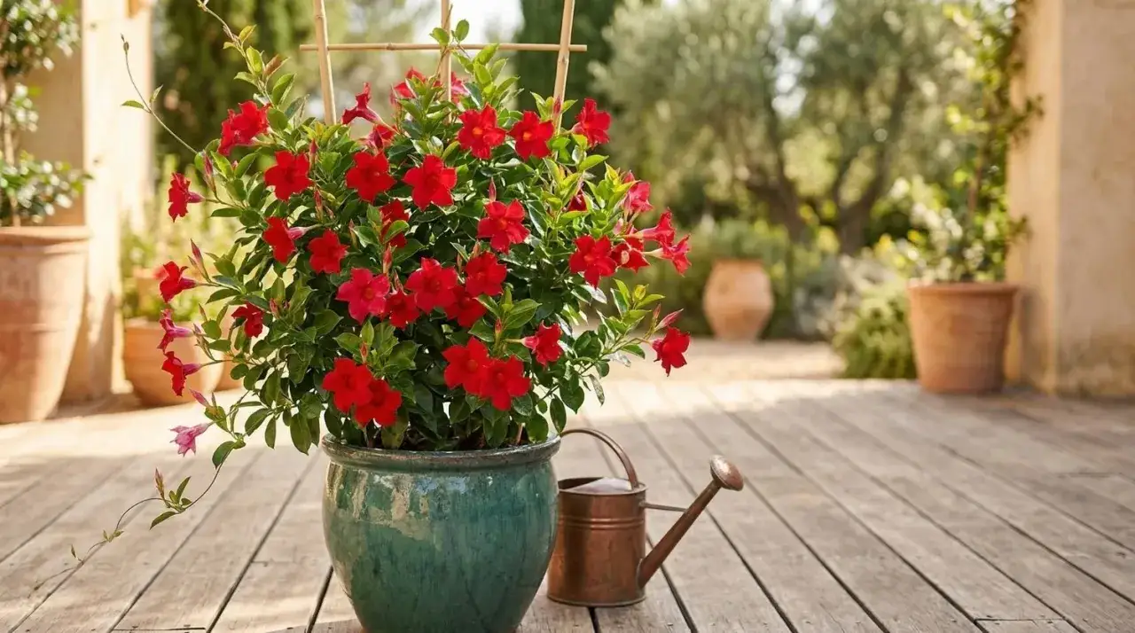 Un dipladenia aux fleurs rouges &eacute;clatantes, pr&ecirc;t &agrave; &ecirc;tre arros&eacute; avec un petit arrosoir en cuivre. Un peu de 