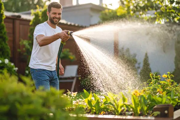 Un homme arrose son jardin avec un jet d'eau. Il se demande peut-on arroser avec de l'eau verte ? Les plantes semblent apprécier.