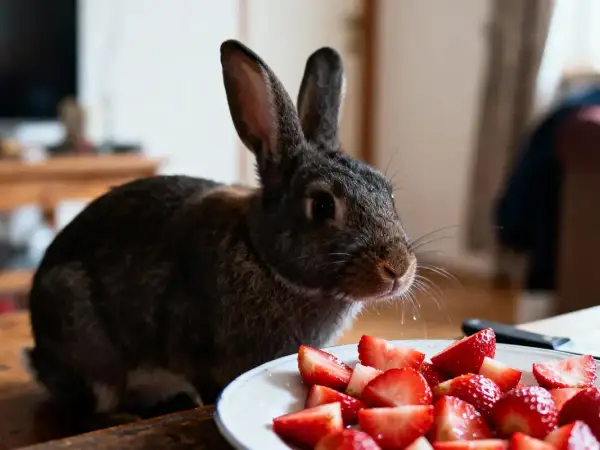 Un adorable lapin gris regarde une assiette de fraises coupées. Il semble prêt à déguster ce délice fruité.