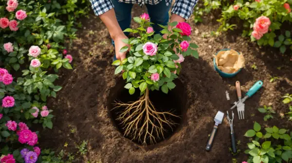 Un homme s'apprête à planter un rosier aux fleurs roses dans un trou béant, entouré d'autres rosiers en fleurs.