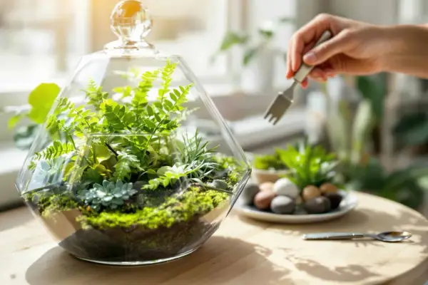 Un terrarium abrite une **plante d'intérieur et d'extérieur** luxuriante, entretenue avec soin par une main tenant une petite fourche.