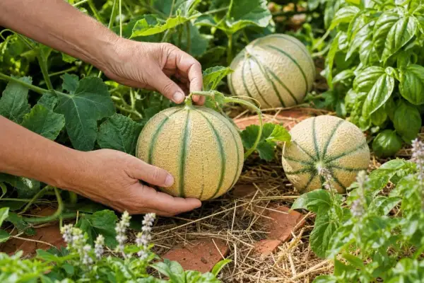 Mains tenant un plant de melon mûr, prêt à être cueilli. D'autres melons sont visibles dans le jardin luxuriant.