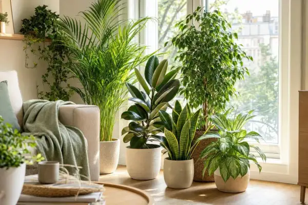 Un salon lumineux avec plusieurs plantes d'intérieur luxuriantes, dont un ficus et un caoutchouc, créant une ambiance tropicale. Chaque plante d'intérieur qui aime la chaleur prospère près de la fenêtre.