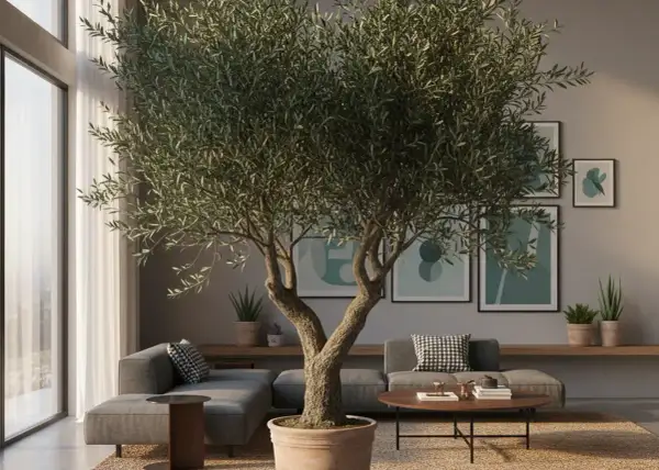 Un grand olivier intérieur maison, au tronc noueux, trône au milieu d'un salon moderne aux canapés gris et aux tableaux abstraits.