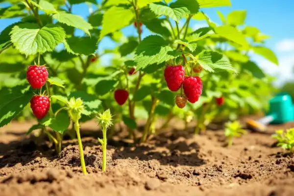 Gros plan sur des framboises mûres sur un plant, suggérant un bon entretien framboisier. Le sol est bien préparé, prêt pour la récolte.