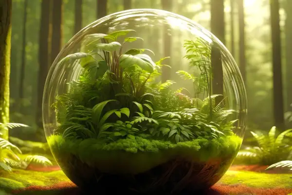 Un écosystème miniature dans une sphère de verre, parfait pour faire un terrarium. Des plantes luxuriantes et de la mousse créent un monde verdoyant.