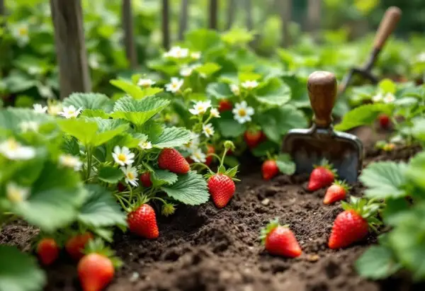 Un champ de fraises mûres, une variété de fraise parfaite pour la récolte, avec une petite pelle à proximité.