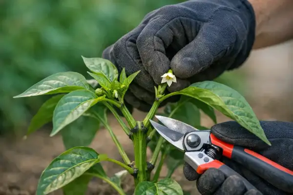 Main d'un jardinier en gant noir taillant une jeune pousse de poivron, observant la taille des poivrons pour une meilleure croissance.